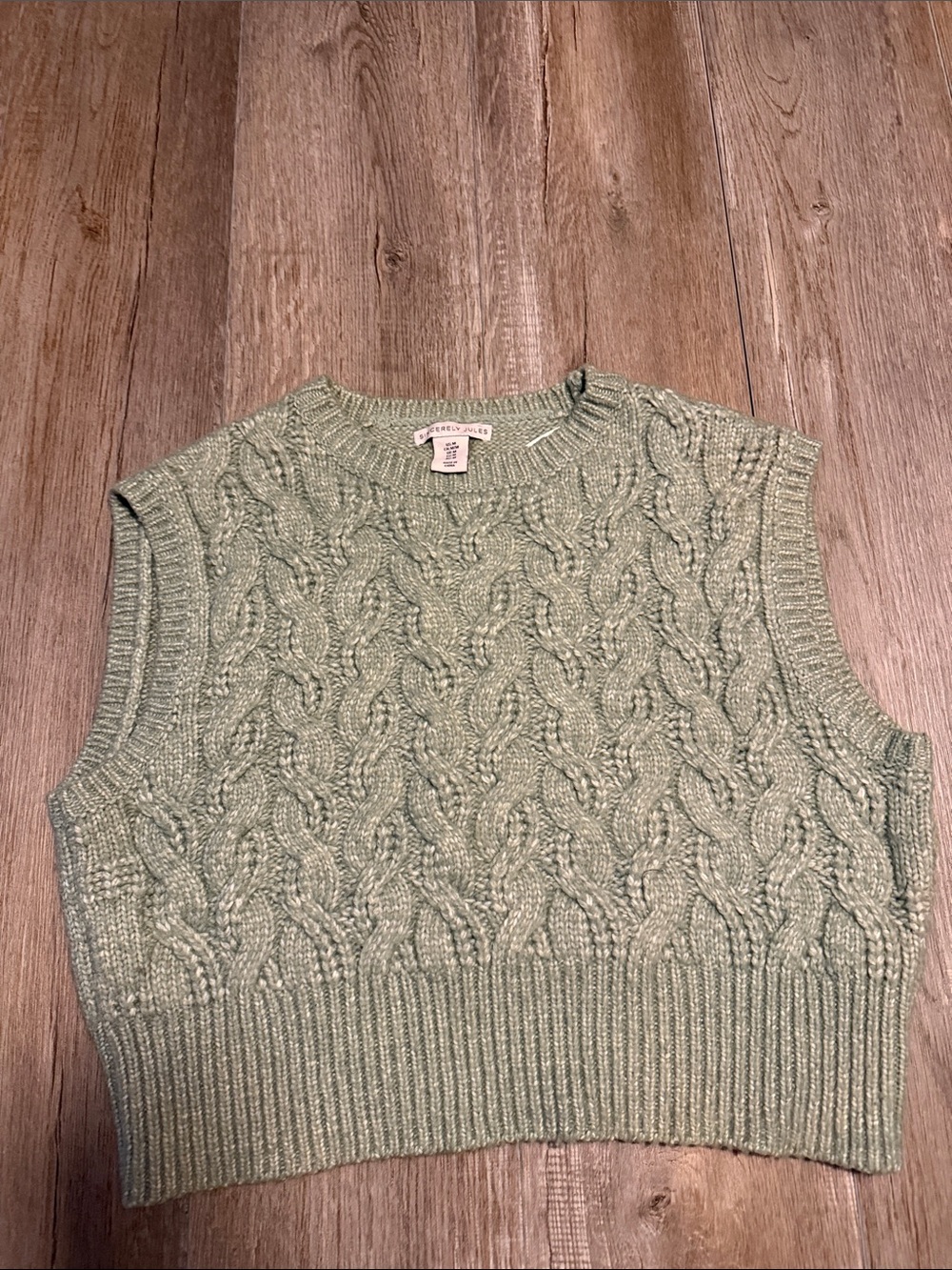 Sincerly Jules Cable Knit Cropped Vest in Sage Green